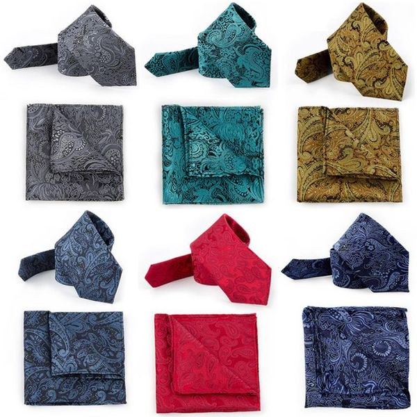 

bow ties ricnais fashion polyester slim print 7cm tie set for men necktie and pocket square wedding business party formal gift, Black;gray
