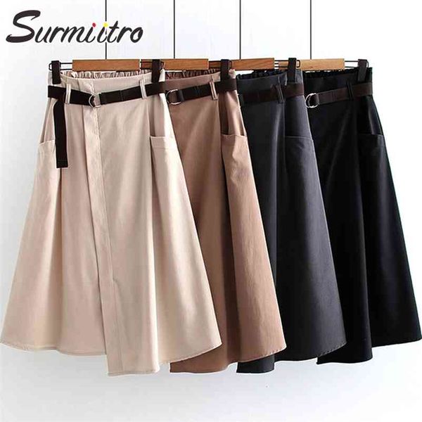 

spring summer women korean style black khaki irregular high waist sun school midi skirt female with belt 210421