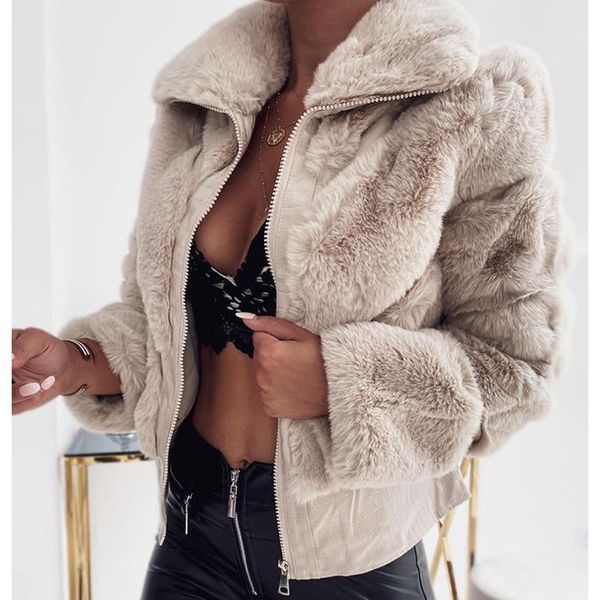 

women's fur & faux fashion turn down collar short coats women elegant zipper long sleeve jackets casual ladies, Black