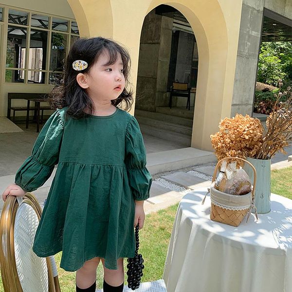 

girl's dresses girls vintage green dress autumn kids french puff sleeve o-neck princess 3-7 years children casual clothes, Red;yellow
