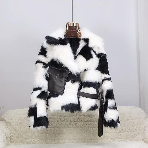 

women's fur & faux winter wool integrated women short splicing black and white cow collision color real coat
