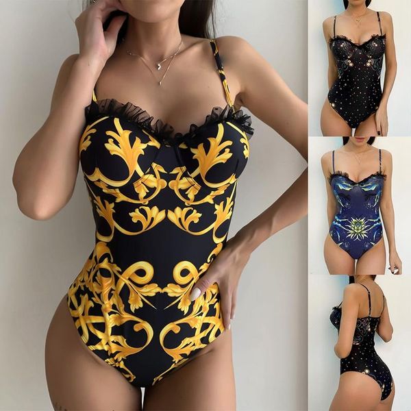 

printed bra cup push up one piece swimsuit female lace ruffle frilly bathing suit swim women's swimwear, White;black