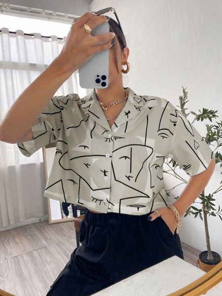 

abstract figure graphic button front blouse c4a1#, White