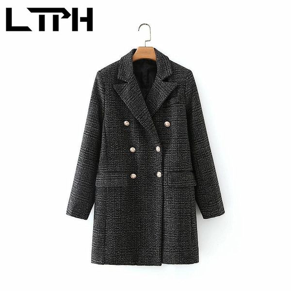

mid-length plaid blazers coat lapel long sleeve women suit blazer loose elegant double breasted jackets spring 210427, White;black