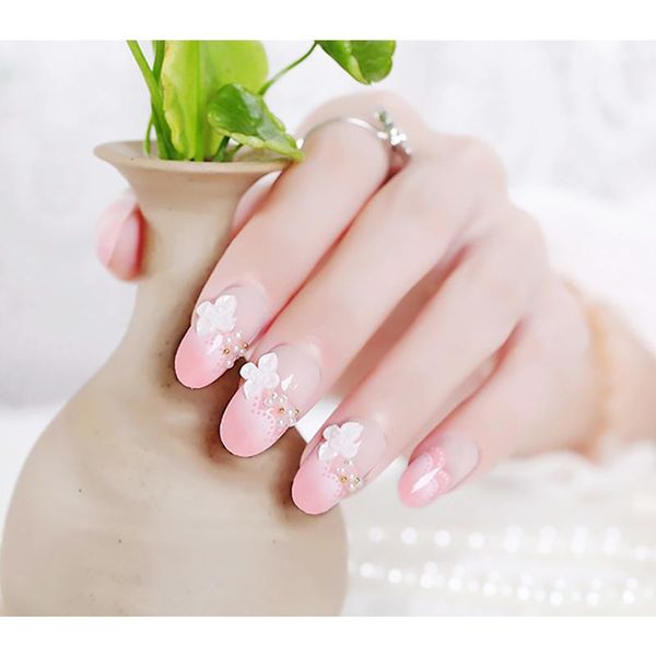 

false nails 24pcs shimmer pink lady flower 3d fashion style with white designs fake press on to, Red;gold