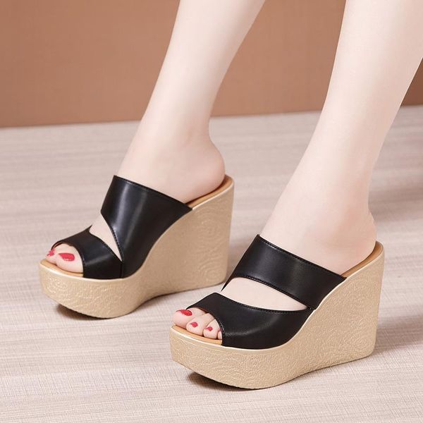 

dress shoes 2021 style woman summer 11cm super heels platform slippers ladies wedges peep toe sandals, Black