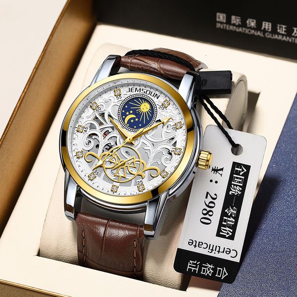 

watch golden stone tiktok, vibrant, sun, moon, star, waterproof hollowed, automatic man mechanical ., Slivery;brown