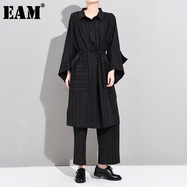 

[eam] wide leg pants striped two piece suit lapel long sleeve black loose fit women fashion spring autumn yg218 210512, White