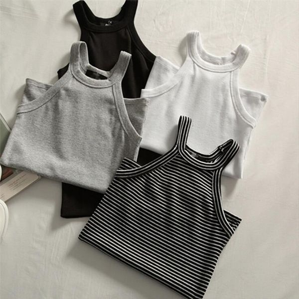 

basic solid t shirts women cami slim halter neck off shoulder camisole tees summer female tanks sleeveless, White