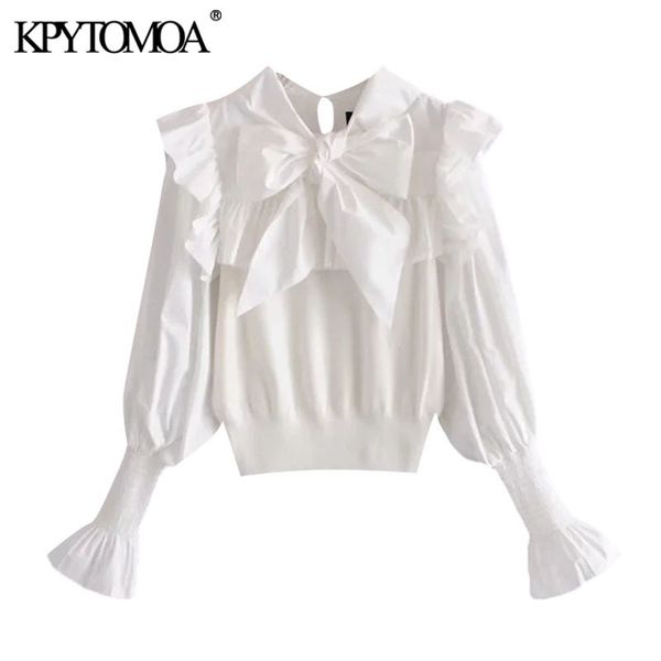 

women sweet fashion patchwork ruffle trims knitted blouses vintage bow tied long sleeve female shirts chic 210416, White