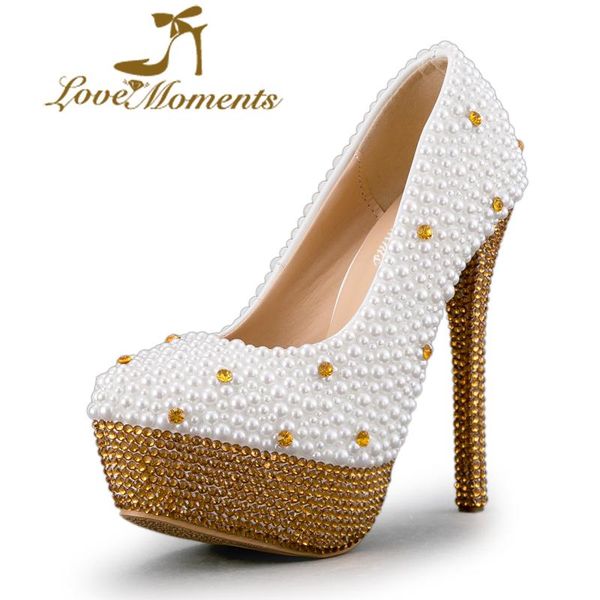 

customized white pearl with gold rhinestone wedding shoes 14cm super high heel bride dress stiletto mom pumps, Black