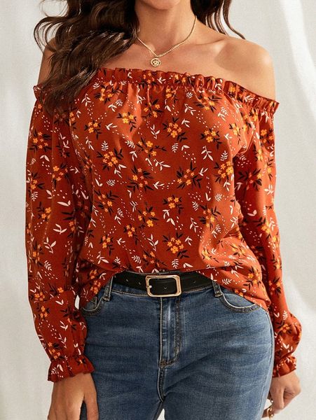 

floral print off shoulder frilled flounce sleeve blouse g0jn#, White