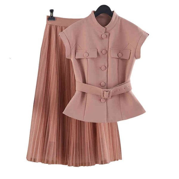 

two piece dress twotwinstyle elegant pink set for women stand collar sleeveless high waist pleated mesh skirt female sets h2gx, White