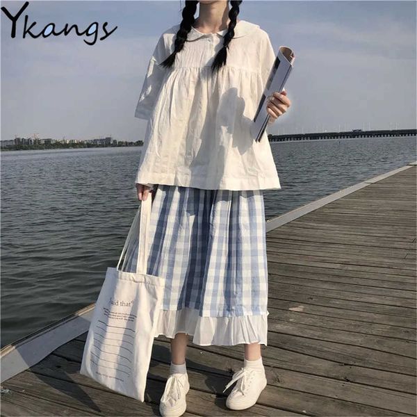 Giapponese 2 pezzi vestito da donna estate bambola collare camicia bianca + vita alta scozzese gonna lunga a pieghe coreano casual Harajuku Kawaii Set 210619