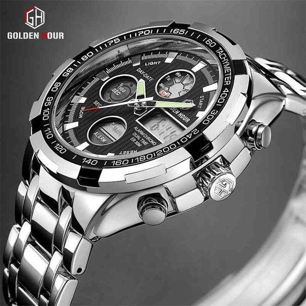 GoldenHour Роскошный бренд водонепроницаемый военный спортивный часы мужчины серебряные стальные цифровые кварцевые аналоговые часы часов Relogios Masculinos 210804