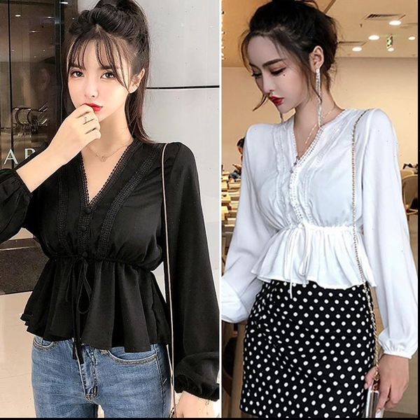 

autumn sweet womens blouses casual shirt fashion long sleeved lace v neck ruffled elegant clothes drop, White