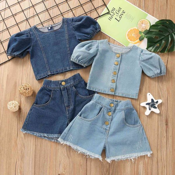 

1 6y summer kids girls fashion clothes sets 2pcs solid denim puff sleeve t shirts button shorts 2 colors, White