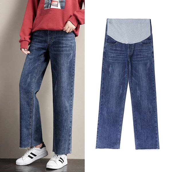 

maternity bottoms wide leg jeans for pregnant woman pants autumn high waist straight denim trousers pregnancy clothing, White