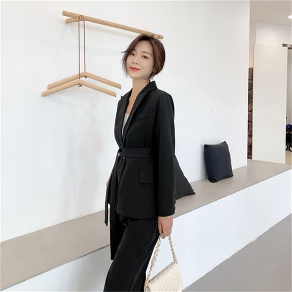 

women's two piece pants fashion women's suit spring and autumn slim solid color belt female slim trousers two-piece z1x1, White