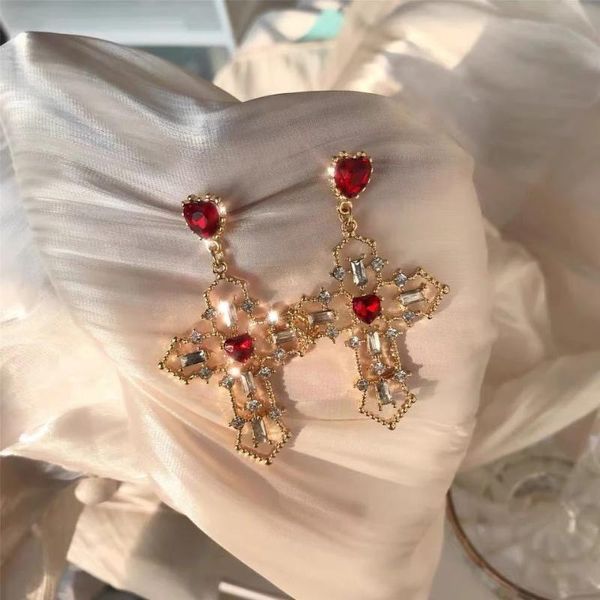 

dangle & chandelier 2021 trend retro design red heart crystal earrings gold color cross pendant rhinestone for women jewelry party gift, Silver