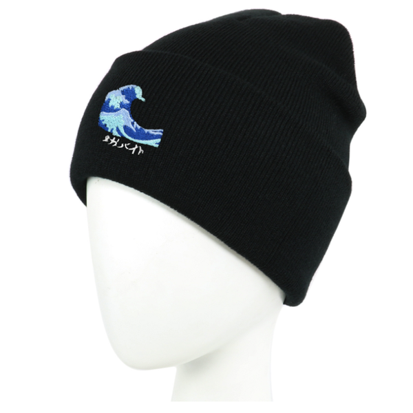 

beanies black and white ocean wave embroidery beanie hat cotton flexible soft pure fashion knitted hats men women hip hop cap warm
