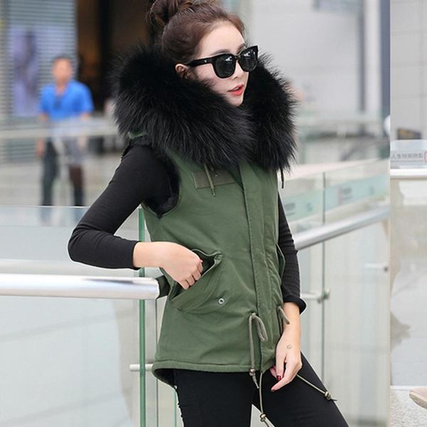 

women's vests jacket military style oversized raccoon fur collar autumn and winter fashion hooded vest, Black;white