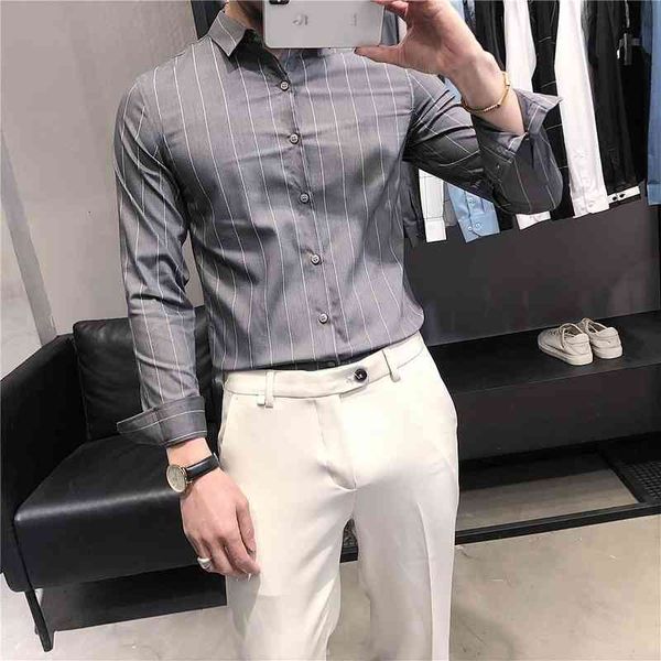 

men's casual shirts preto/branco/cinza elegante negcio homem listrado camisas de manga longa simples fino ajuste escritrio blusa homme, White;black