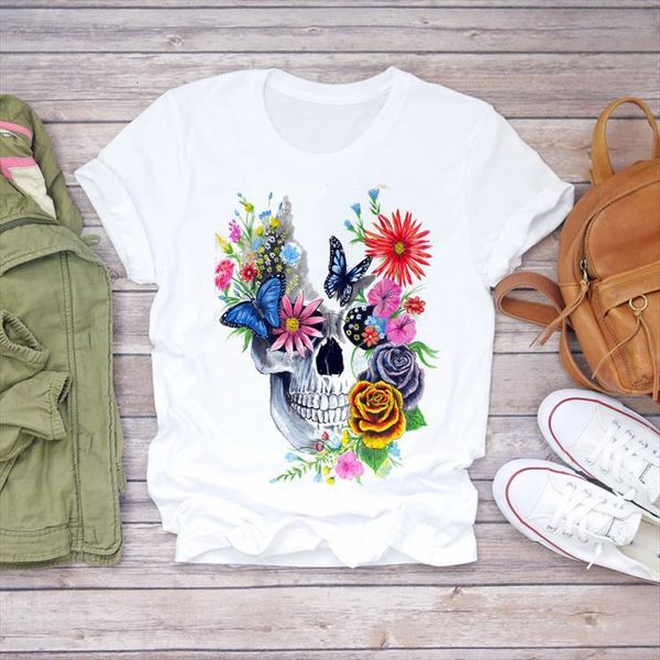 

men cartoon skull floral flower mens t shirts fall autumn halloween lady graphic shirt ladies female tee, White;black