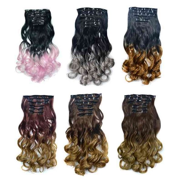 

curly patch color long gradient 16 card 6-piece clip hair set, Black