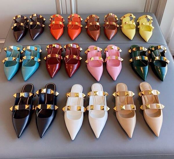 

fashion vg golden rivet sandals high heels luxury designer womens slippers flat slipper calfskin all-match stylist shoes 6.5cm heel heatshoe, Black