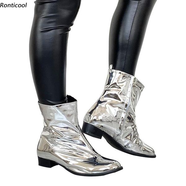 

ronticool handmade women flat with ankle boots block heels round toe gorgeous silver casual shoes us size 5-15, Black