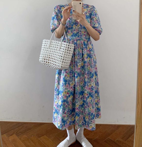 

women dress plus size summer floral print colorful female loose half puff sleeve casual retro vintage large dresses 210529, Black;gray