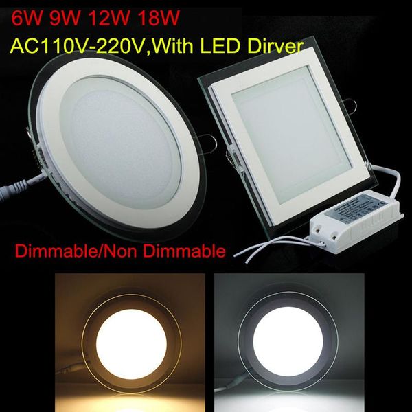 

downlights dimmable led downlight glass panel round/square recessed ceiling 6w 9w 12w 18w warm/ natural/ cold white