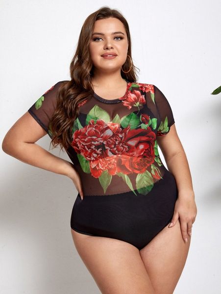

plus floral print mesh bodysuit without lingerie 536k#, Black