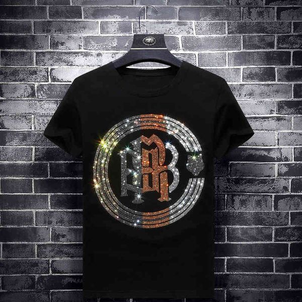 

men's t-shirts men's short sleeved t-shirt, fashion brand, diamond inlaid, social spirit, young man, leisure, half sleeve, slim fi, White;black