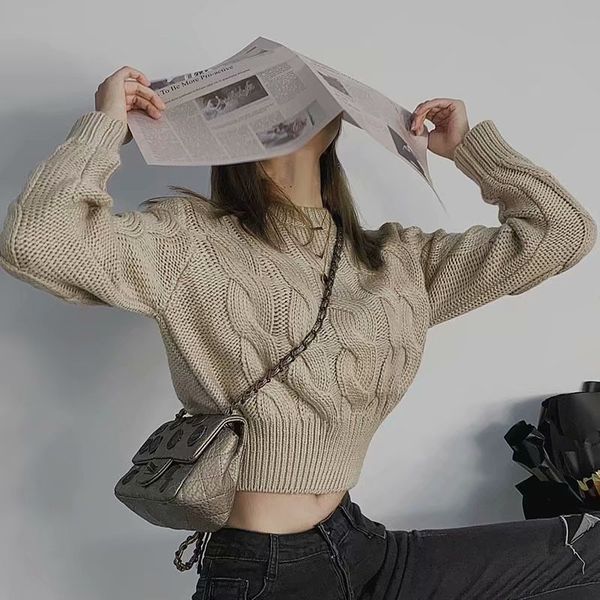 

women's sweaters knitting long sleeve sweater twist round-neck button pullover autumn winter female slim crop top, White;black