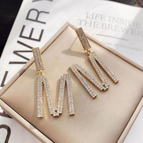

stud 2021 fashion ladies rhinestone letter m pendant earrings crystal bride wedding party jewelry ear lace, Golden;silver