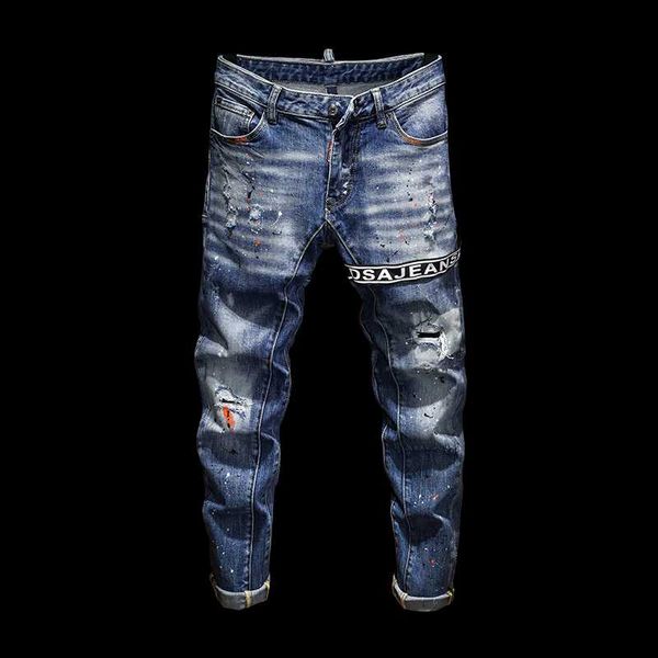 

skinny mens jeans ripped for men torn painted stretch slim trousers long pants ribbons hip hop autumn spring blue men's