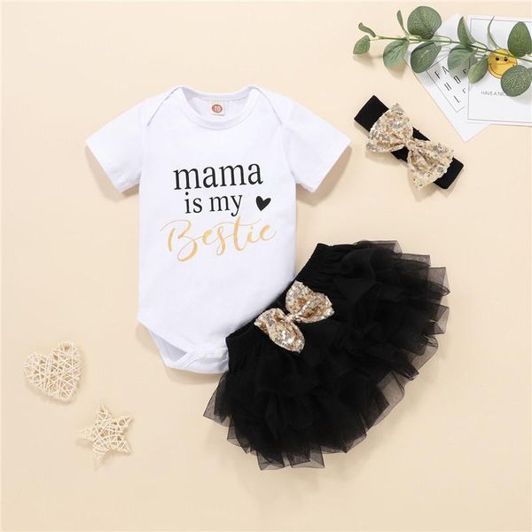 

0-24m 3 pcs baby girl outfits short-sleeved round neck letter printed romper net gauze fluffy skirt sequin sweet bow headband clothing sets, White