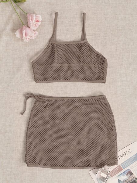 

hollow out fishnet & skirt cover up set q7xk#, White;black