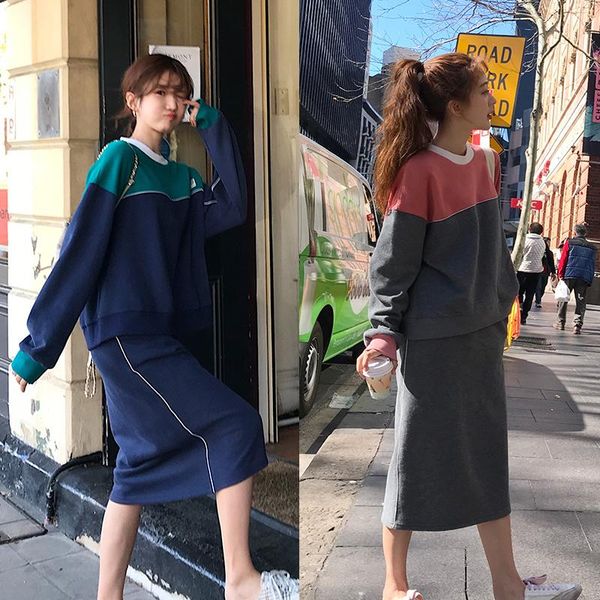 

two piece dress autumn tracksuit long sleeve sweatshirts 2 set casual sport suit women skirt, White