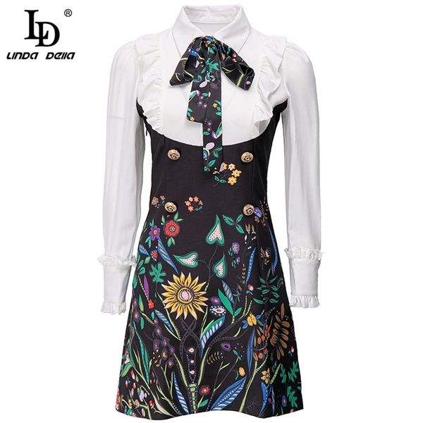 

fashion runway summer mini dress women elegant white long sleeve floral print ruffles female vintage party 210522, Black;gray