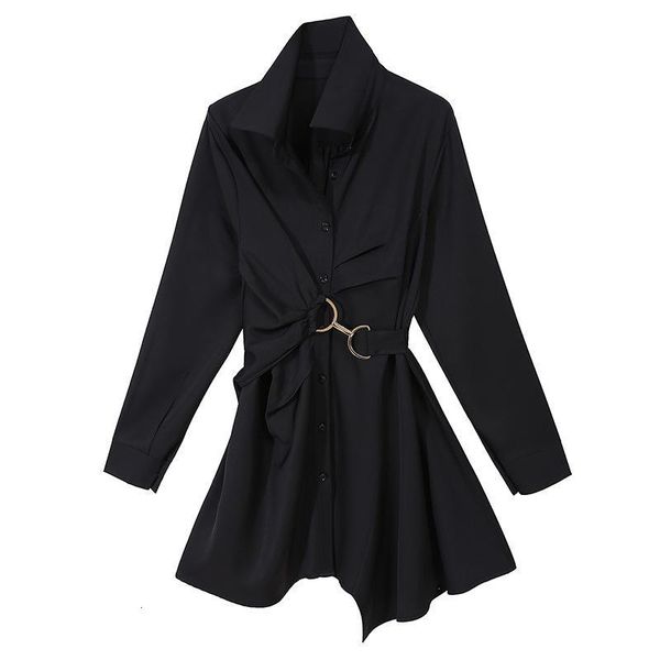 

women's blouses & shirts [eam] women big size pleated metal circle blouse lapel long sleeve loose fit shirt fashion tide spring autumn, White