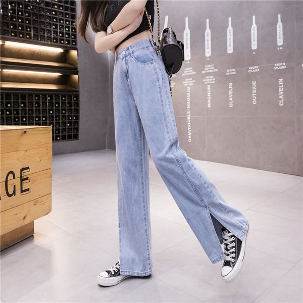 

women's jeans new denim pants with wide legs and split ends, leisure high waist, summer style, thin slim, shallow 1553#, Blue