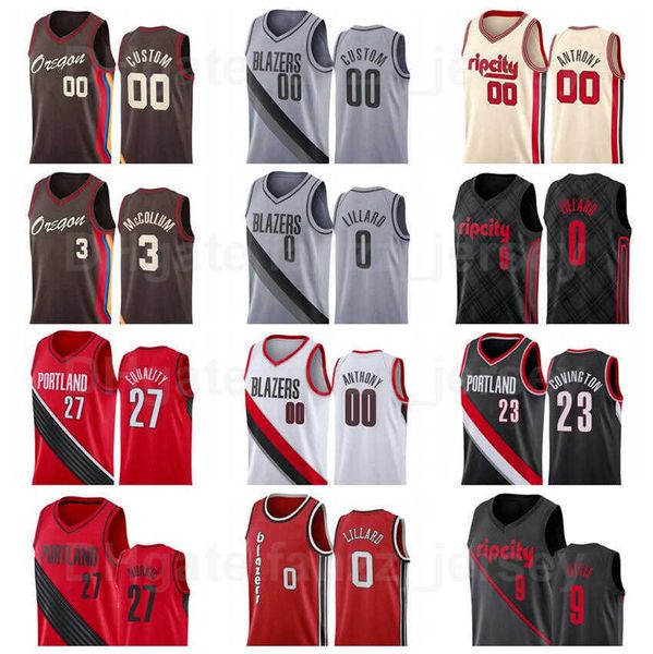 

screen printed basketball damian lillard jersey 0 cj mccollum 3 jusuf nurkic 27 robert covington 23 carmelo anthony 00 red black white grey, Black;red