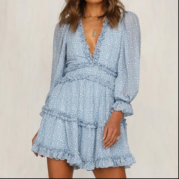 

summer elegant ruffles print mini women dress halter v neck long sleeved waist puff sleeve dresses sundresses, Black;gray