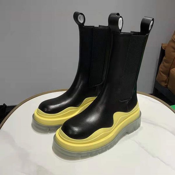 

fashion lemon yellow platform women short boots slim thick sole real leather boot mixed color height increase botas, Black