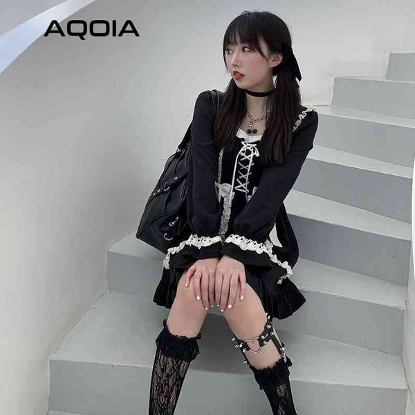 Frühling Lolita Stil Frauen Kleid Süße Rüschen Langarm Square Kragen Mode Cosplay Damen Mädchen Mini ES 210521