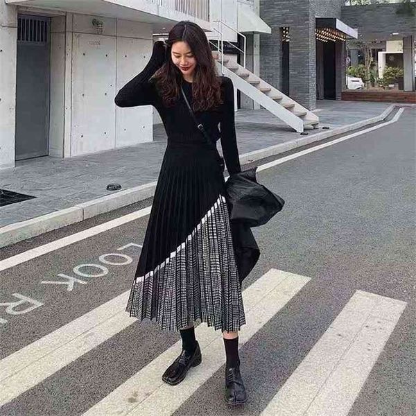

vangull houndstooth knitted mid-length pleated splicing a-line half female high-waist tight fashion black cotton soft skirts, Black;gray