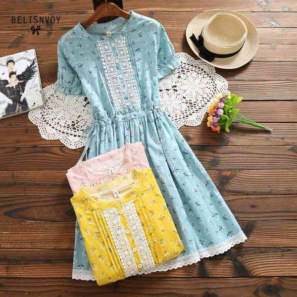 Mori Mädchen Baumwolle Leinen Kleid Frauen Kurzarm Floral Gedruckt Sommer Kleider Häkeln Patchwork Rüschen Femininos Vestidos 210520